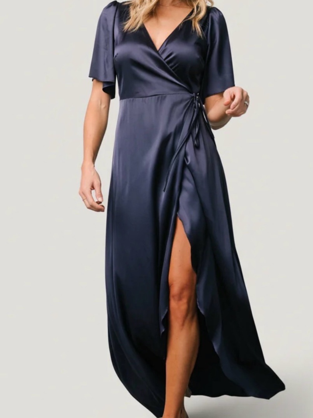 Baltic Born Navy Satin Wrap Midi Dress with Flutter Sleeves